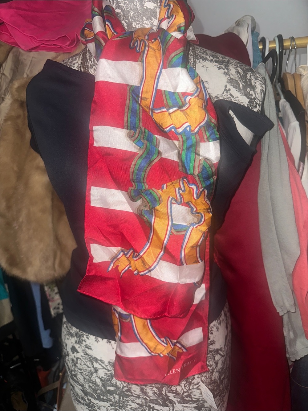 Ellen Tracy Red, White & Multicolor Printed Silk Scarf